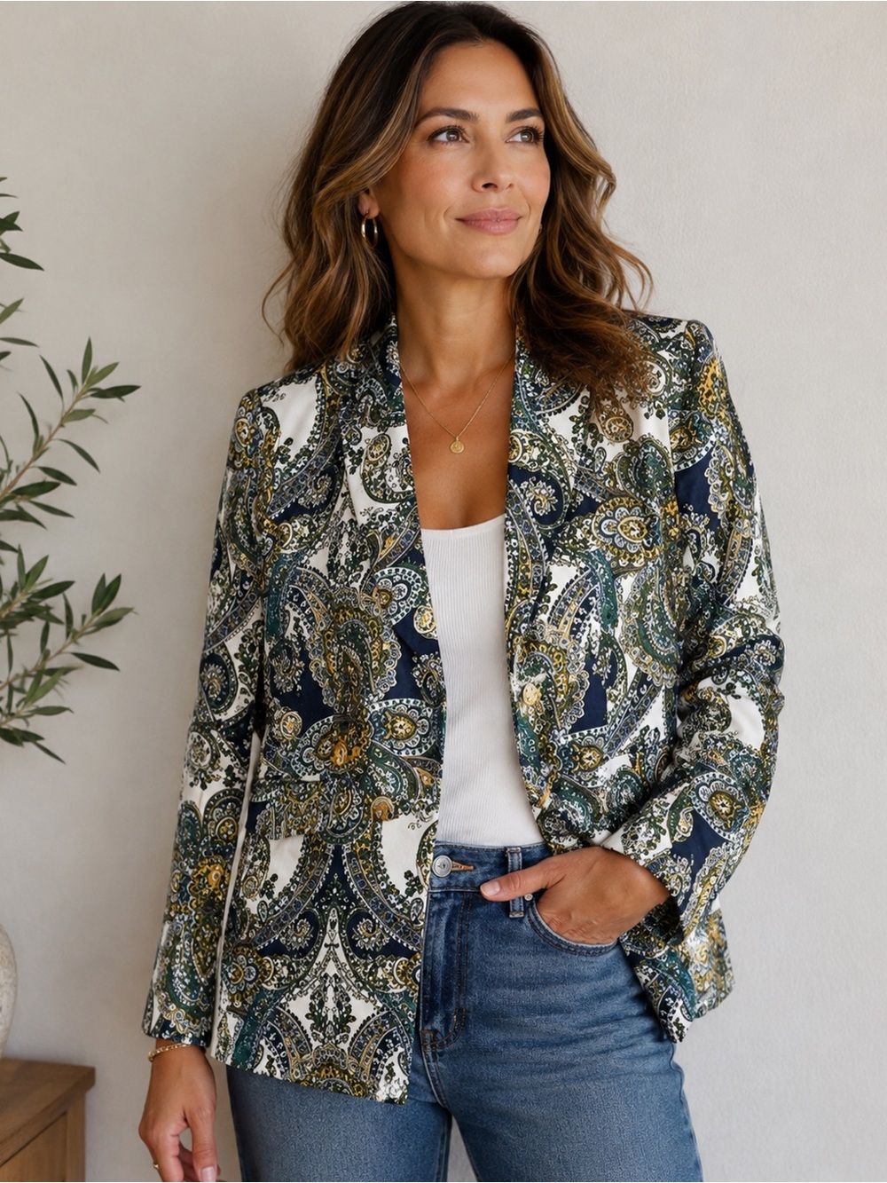 Magaschoni Paisley Linen Blazer SP Blue Yellow Green Long Sleeve